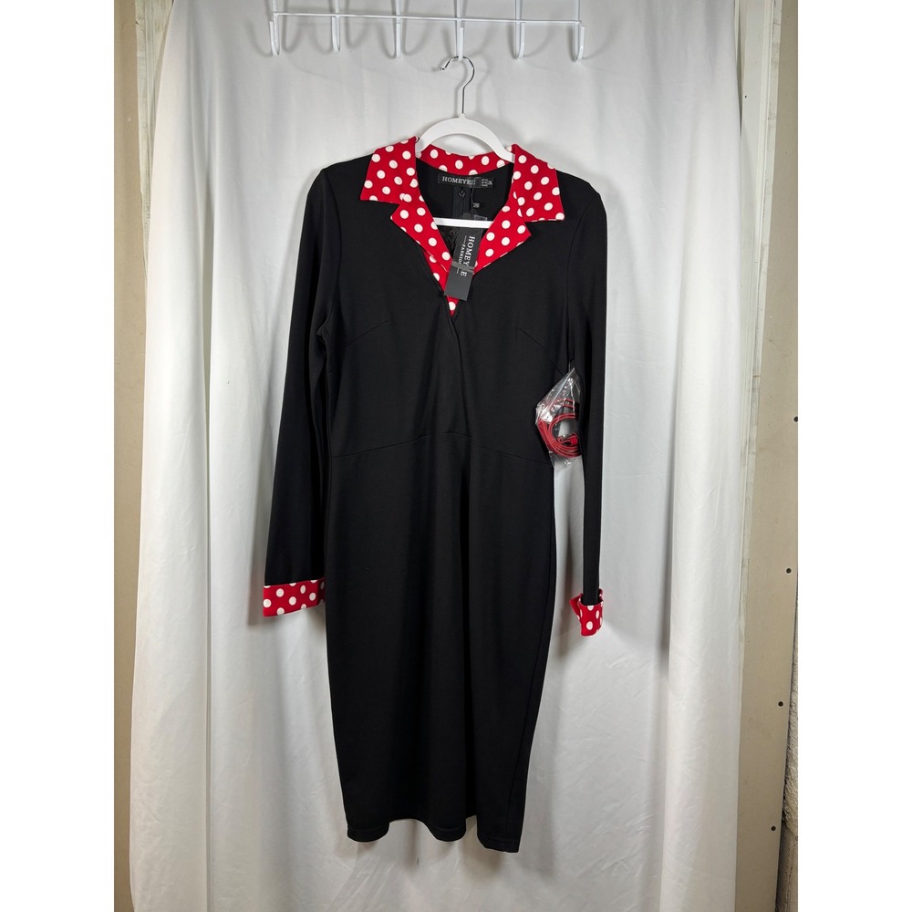 HOMEEYE Women's Black Red Polka Dot Collar Cuff Long Sleeve Dress Plus Size 12‎